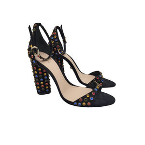 Schutz Marcelle Open Toe Block Heel Leather Studded Sandals Black Size 9B